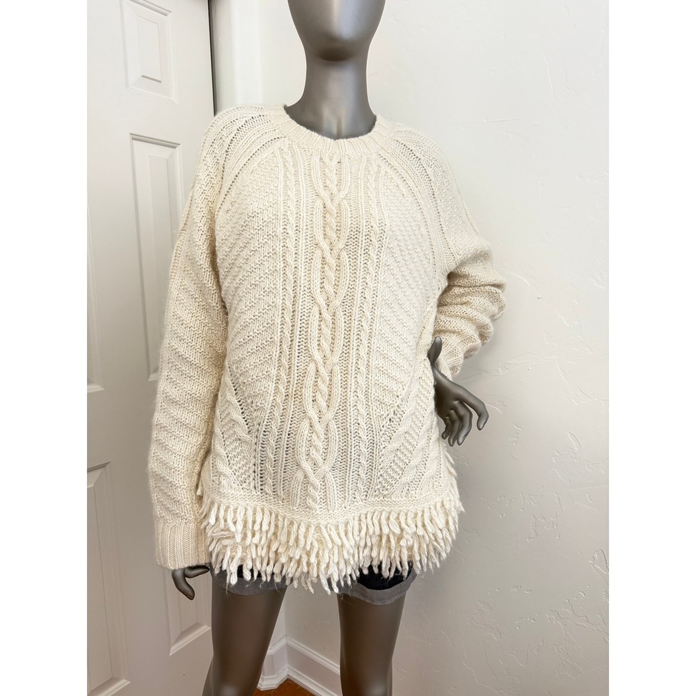Banana Republic Chunky Merino Wool Alpaca‎ Cable Knit Fringe Pullover Sweater L